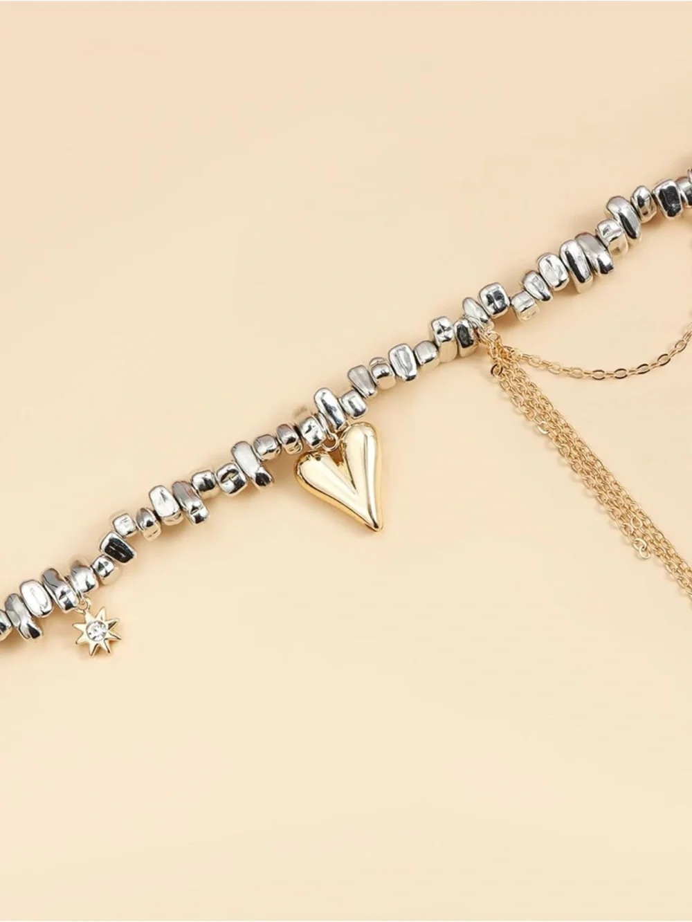 Silver and Gold Heart Pendant Mixed Color Choker Necklace